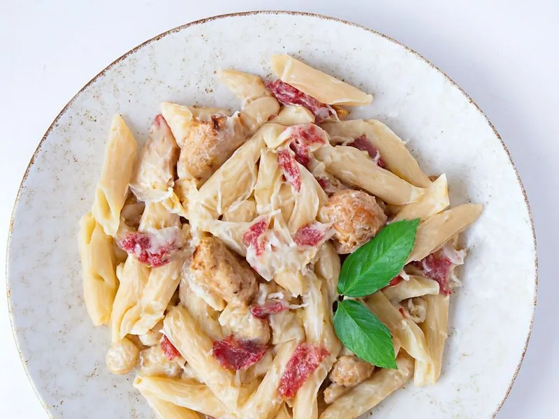 Chicken and Pastrami Penna Alfredo Pasta